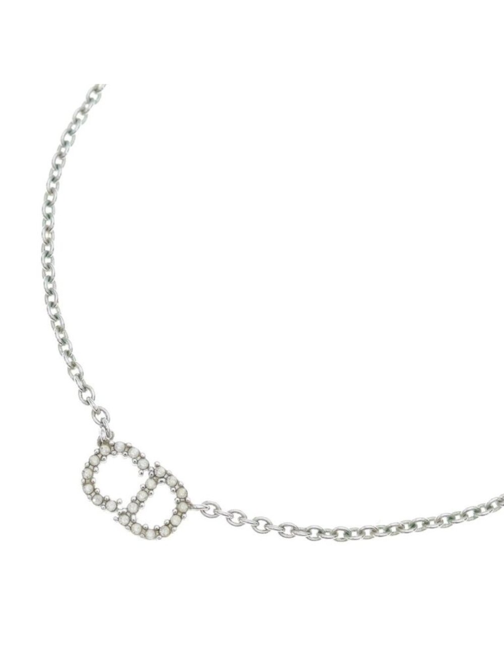 Dior Clair D Lune CD Logo Rhinestone Pendant Chain Silver Necklace